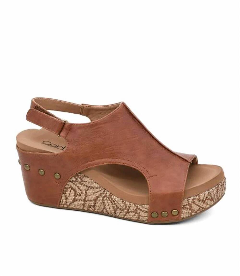 NEW CORKYS FOOTWEAR women's carley wedge in cognac floral wrap